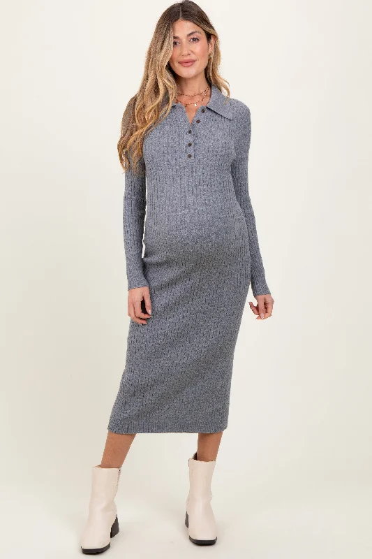 Heather Grey Cable Knit Button Up Maternity Midi DressEmbroidered Dress