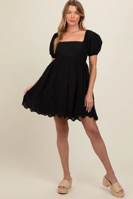 Black Eyelet Lace Puff Sleeve Maternity DressCap-sleeve Dress