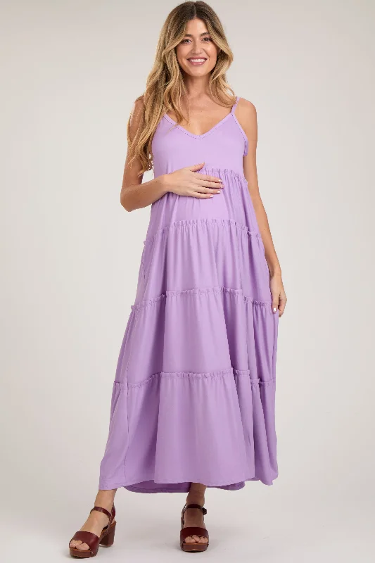 Light Purple Tiered Sleeveless Maternity Maxi DressEmpire Waist Dress