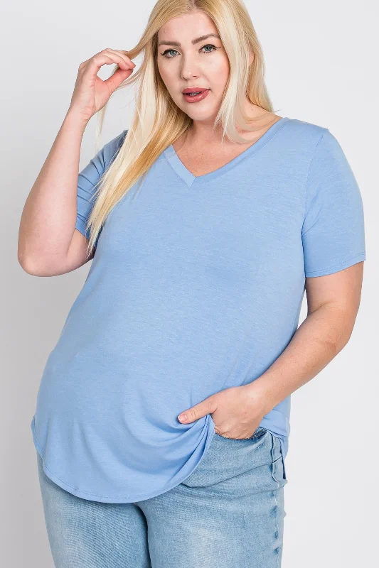 Light Blue V-Neck Round Hem Plus TopVNeckTopGriffin