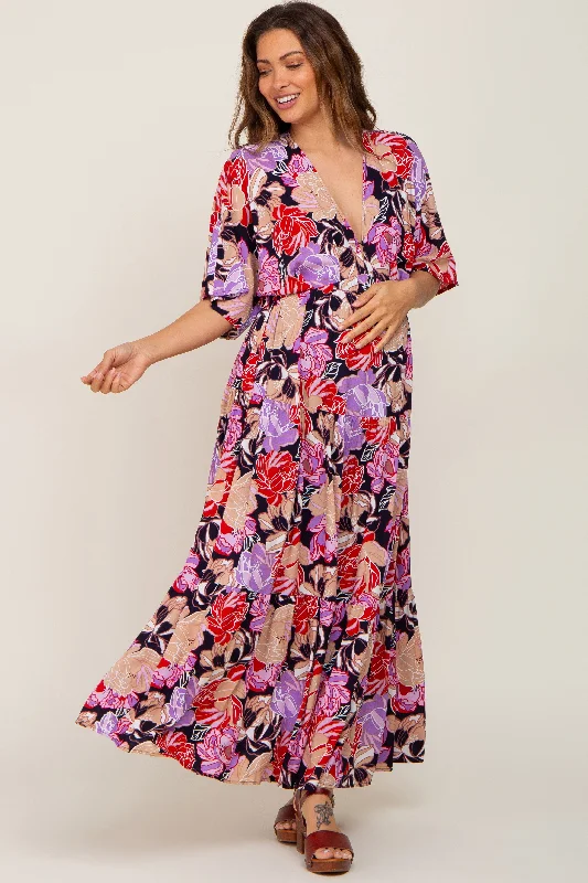 Navy Blue Floral Deep V-Neck Tiered Maternity Maxi DressBoho Dress