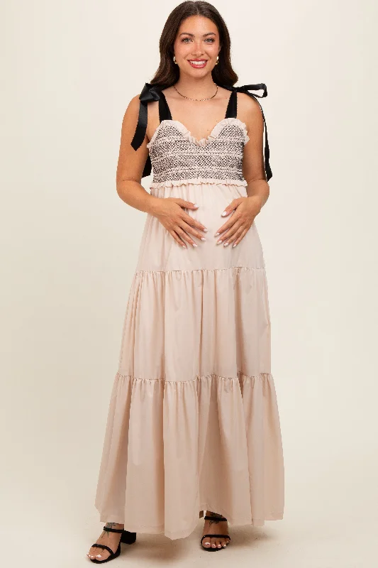 Beige Sweetheart Neck Smocked Embroidered Ribbon Shoulder Tie Maternity Midi DressFleece-lined Dress