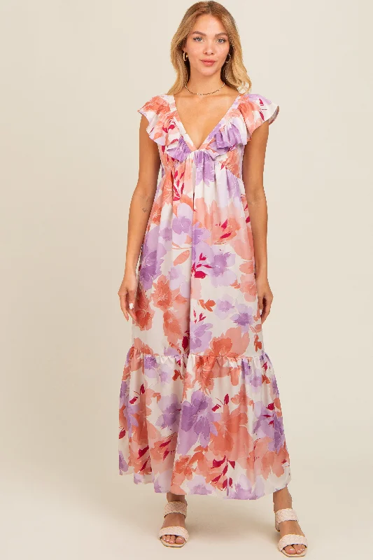 Mauve Floral Ruffle Accent V-Neck Maxi DressVNeckTopSolar