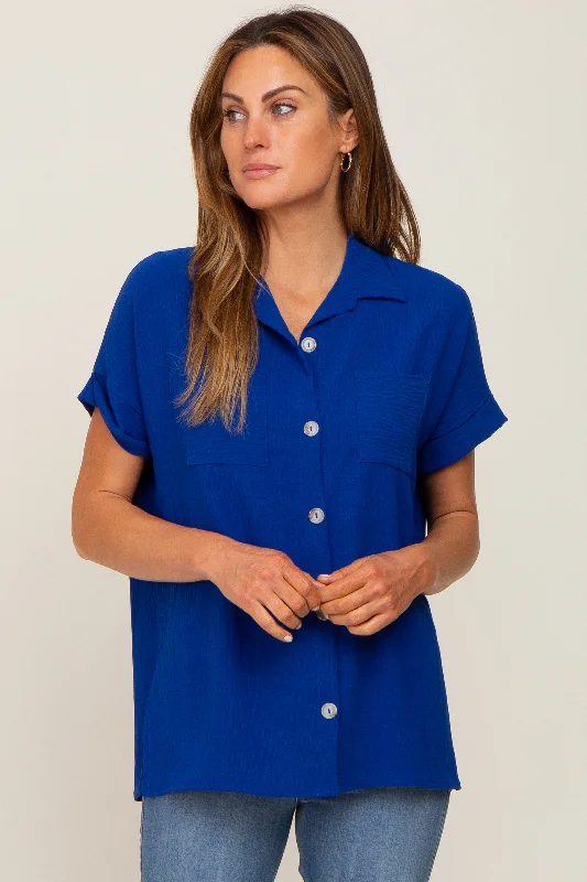 Polyester Short Sleeve TopsRoyal Blue Collared Button-Down Short Sleeve Blouse