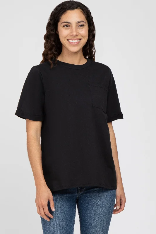 Casual Short Sleeve TopsBlack Oversized Pocket Front Short Sleeve Top