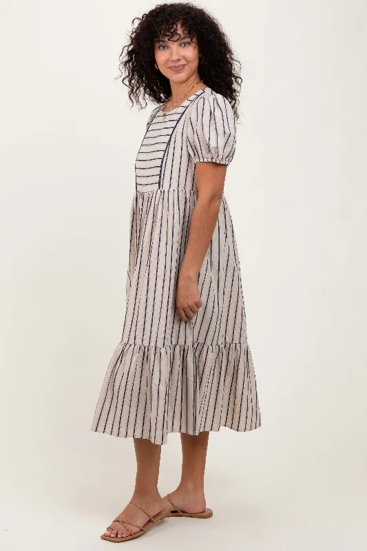 Hiking Short Sleeve TopsBeige Striped Short Sleeve Midi Dress