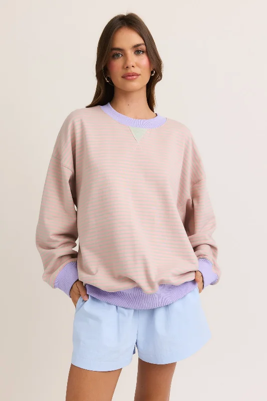 Light Pink Striped Crew Neck Oversized SweatshirtCrewneckmodern