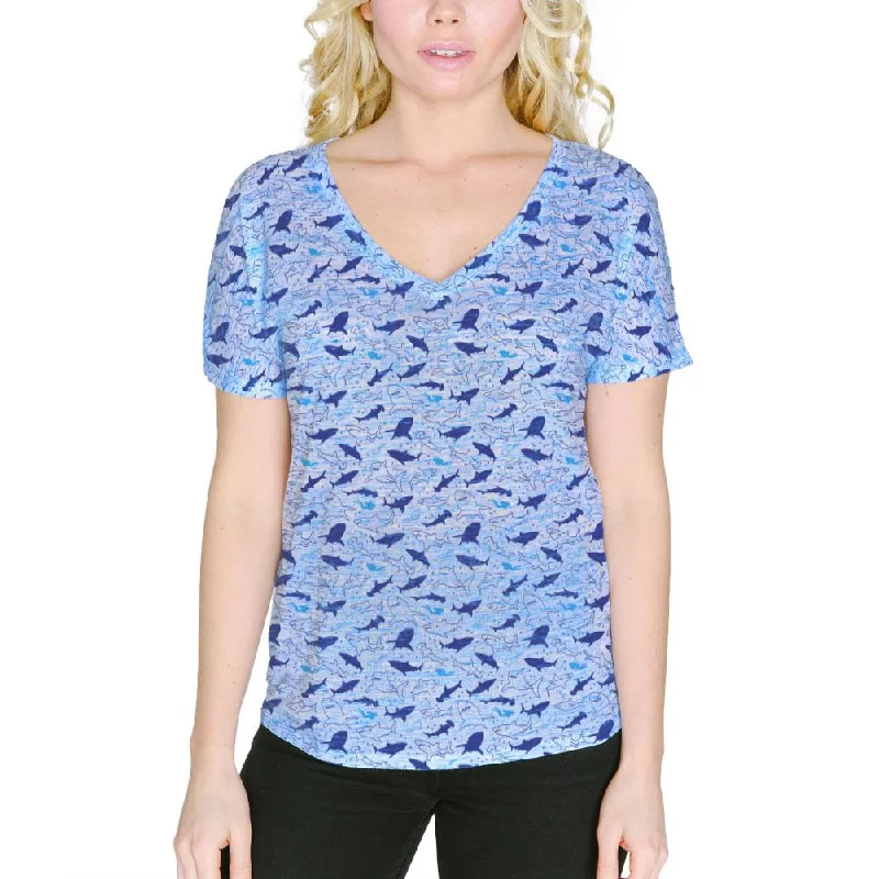 Shark Sharks Outline Repeat Pattern Women's Slouchy V-Neck T ShirtVNeckTopKraken