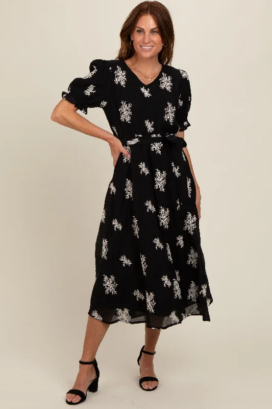 Black Embroidered Sash Tie Midi DressCheerleader Dress