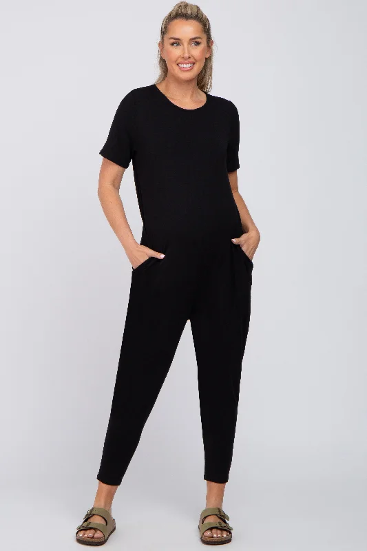 Minimalist Short Sleeve TopsBlack Basic Short Sleeve Maternity Jumpsuit