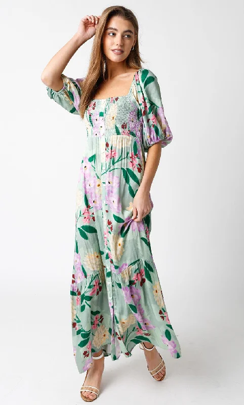 Light Green Floral Front Button Maxi DressWrap Dress