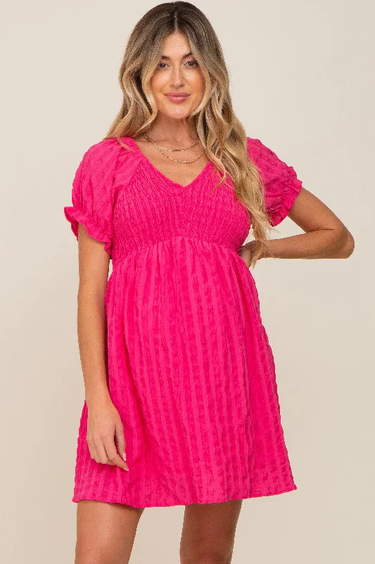 Fuchsia Smocked Textured V-Neck Maternity DressVNeckTopAmber