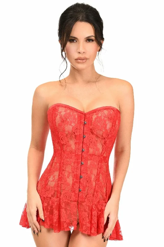 Lavish Red Sheer Lace Corset DressPeplum Dress