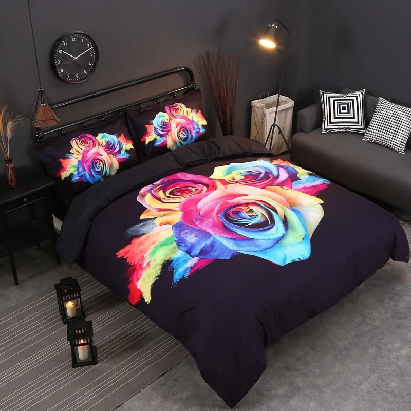 Luxury Rainbow Rose Printed Bedding Set