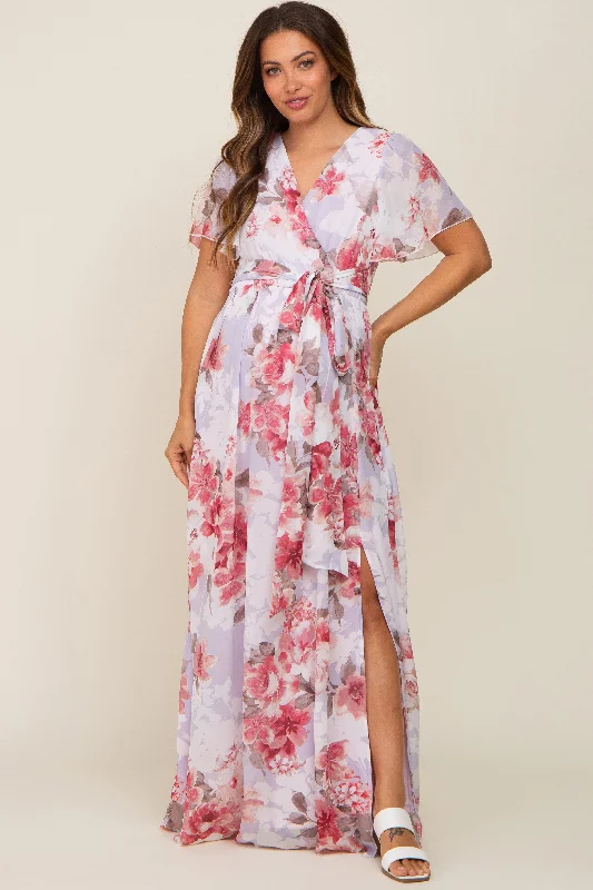 Red Floral Chiffon V-Neck Front Slit Maternity DressVNeckTopNinja