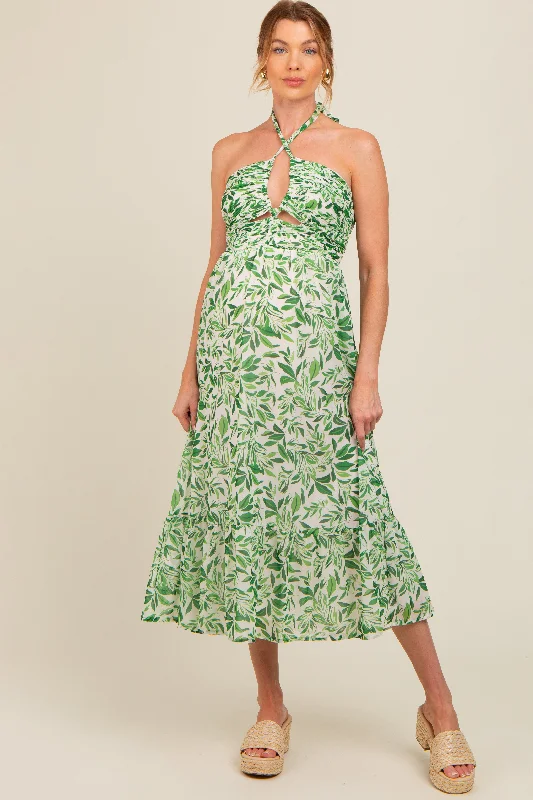 Green Leaf Print Halter Keyhole Maternity Midi DressSatin Dress