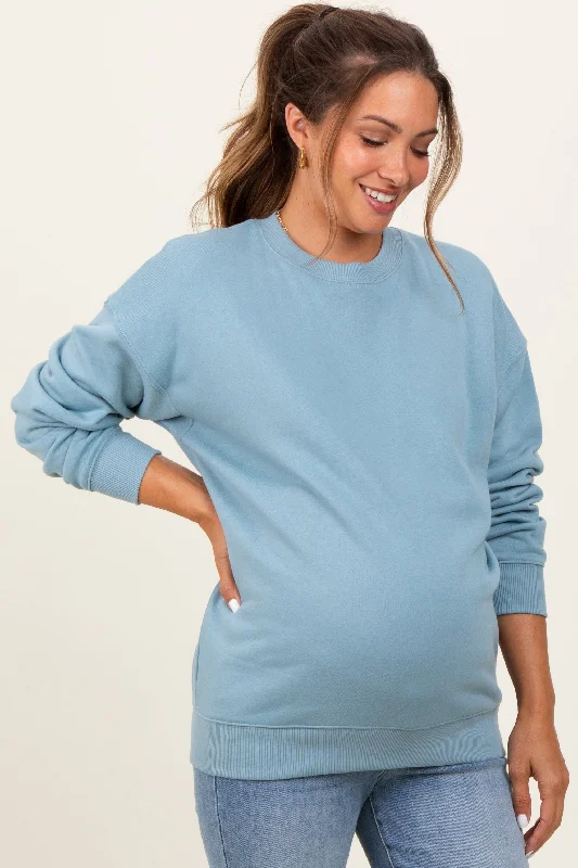 Light Blue Fleece Crew Neck Relaxed Fit Maternity SweatshirtCrewneckchic