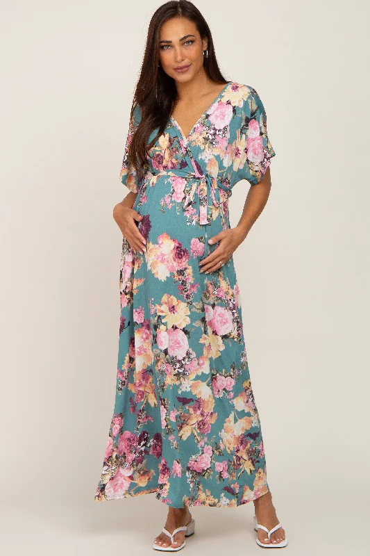 Jade Floral Wrap Front Waist Tie Maternity Maxi DressSweater Dress