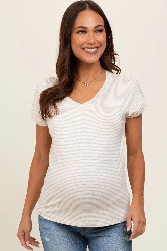 Ivory Striped V-Neck Maternity Short Sleeve TopVNeckTopSteel