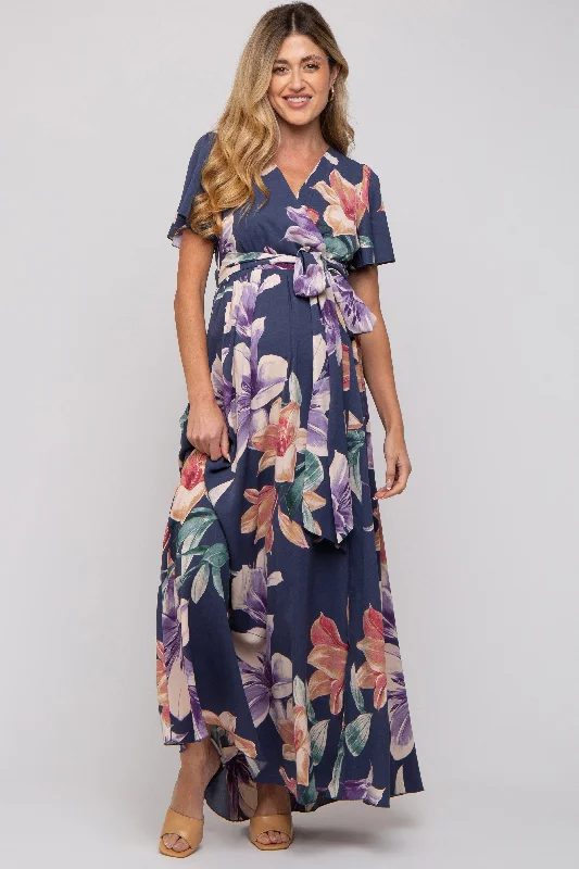 Navy Floral Wrap V-Neck Maternity Maxi DressVNeckTopLunar