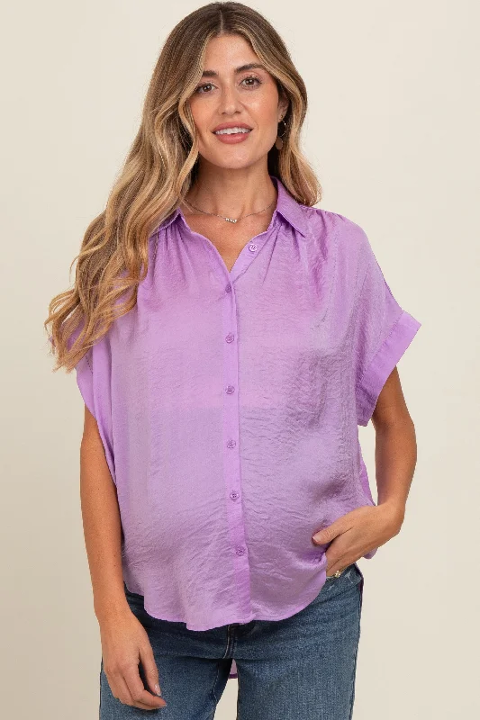 Fitted Short Sleeve TopsPurple Satin Button Front Collared Short Sleeve Maternity Top