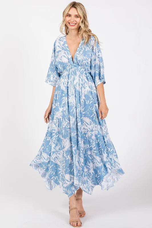 Blue Printed V-Neck Draped Maxi DressVNeckTopCanyon