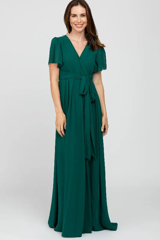 Plush Short Sleeve TopsForest Green Chiffon Short Sleeve Maxi Dress