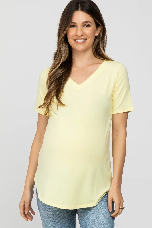 Yellow V-Neck Maternity Short Sleeve Round Hem TopVNeckTopAqua