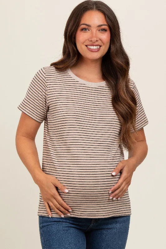 Waterproof Short Sleeve TopsBeige Striped Short Sleeve Maternity Top