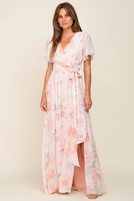 Peach Floral Chiffon V-Neck Front Slit Short Sleeve DressVNeckTopStrata