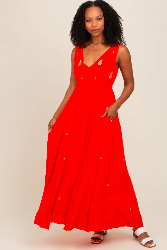 Coral Floral Embroidered Sleeveless Maxi DressLong-sleeve Dress