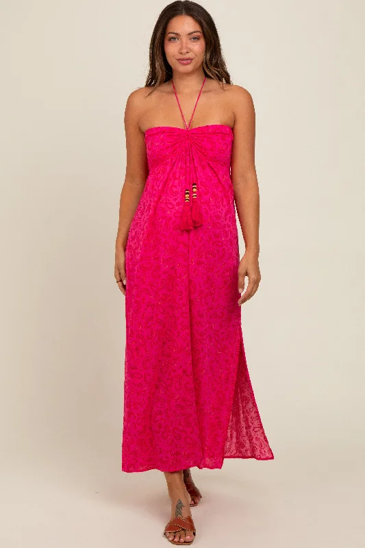 Fuchsia Paisley Print Halter Maternity Midi DressLace Dress