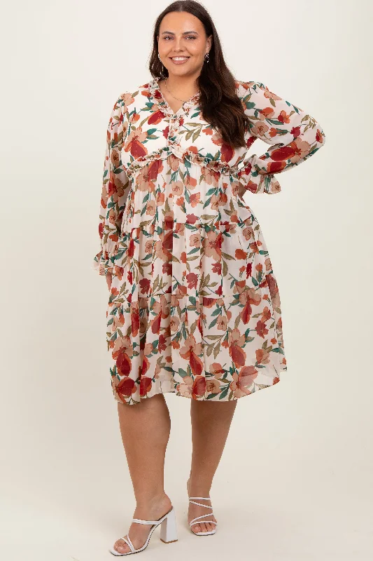 Ivory Floral Ruffle V-Neck Plus DressVNeckTopOasis