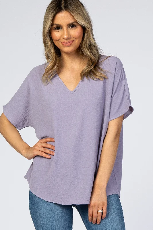 Scoop Neck Short Sleeve TopsLavender Short Sleeve Blouse