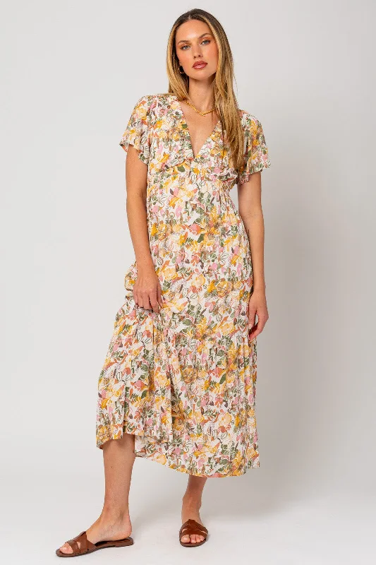 White Floral V-Neck Ruffle Maxi DressVNeckTopVortex