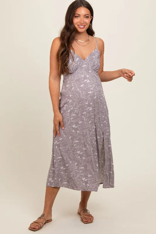 Lavender Floral V-Neck Side Slit Maternity Midi DressVNeckTopNest