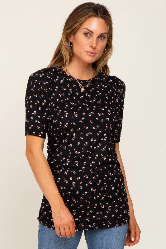 Printed Short Sleeve TopsBlack Floral Side Ruched Short Sleeve Top