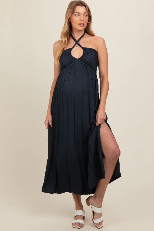 Charcoal Halter Deep V-Neck Maternity Maxi DressVNeckTopHive