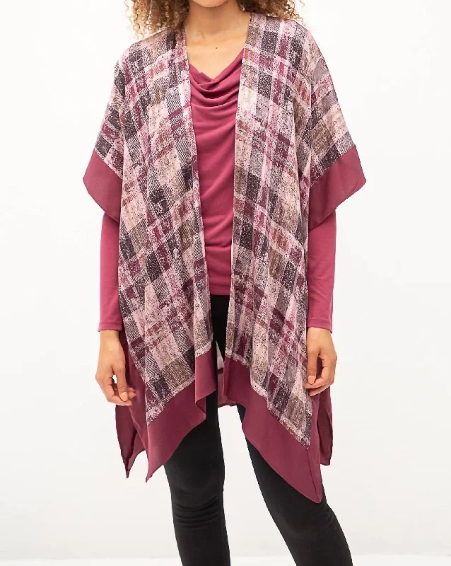 Plaid Open Ruana Poncho In Mauve MixRain Jackets