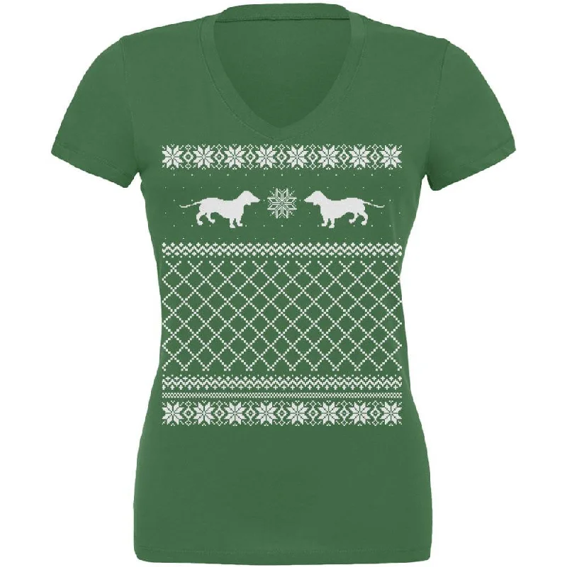 Dachshund Ugly Christmas Sweater Leaf Juniors V-Neck T-ShirtVNeckTopExplorer