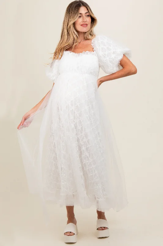 White Balloon Sleeve Embroidery Mesh Maternity Midi DressOpaque Dress