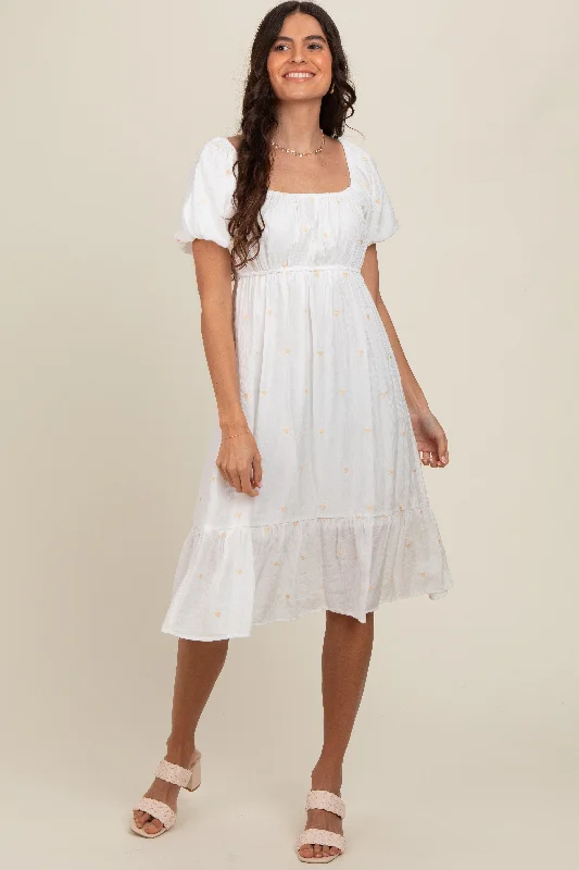 White Heart Embroidered Short Puff Sleeve Midi DressPeplum Dress