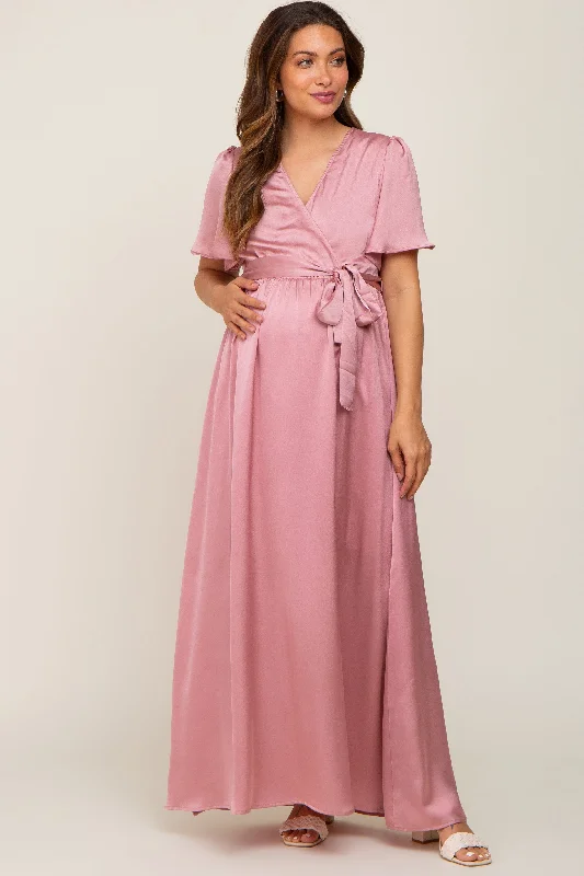 Pink Satin Wrap Front V-Neck Short Sleeve Side Slit Maternity Maxi DressVNeckTopUltra