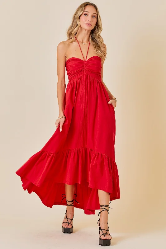 Red Halter Neck High-Low Hem DressCap-sleeve Dress