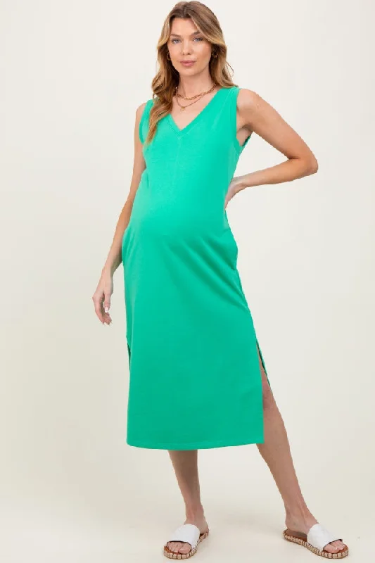 Green V-Neck Sleeveless Side Slit Maternity Midi DressT-shirt Dress