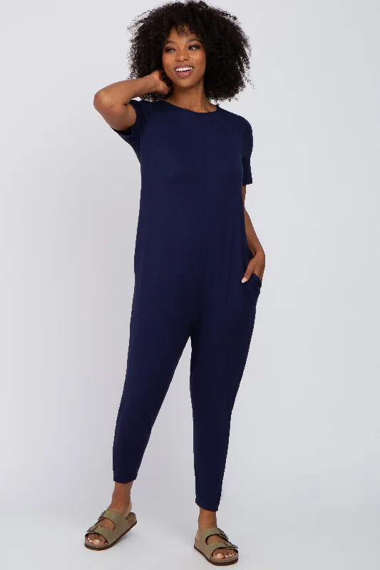 Bamboo Short Sleeve TopsNavy Blue Basic Short Sleeve Jumpsuit