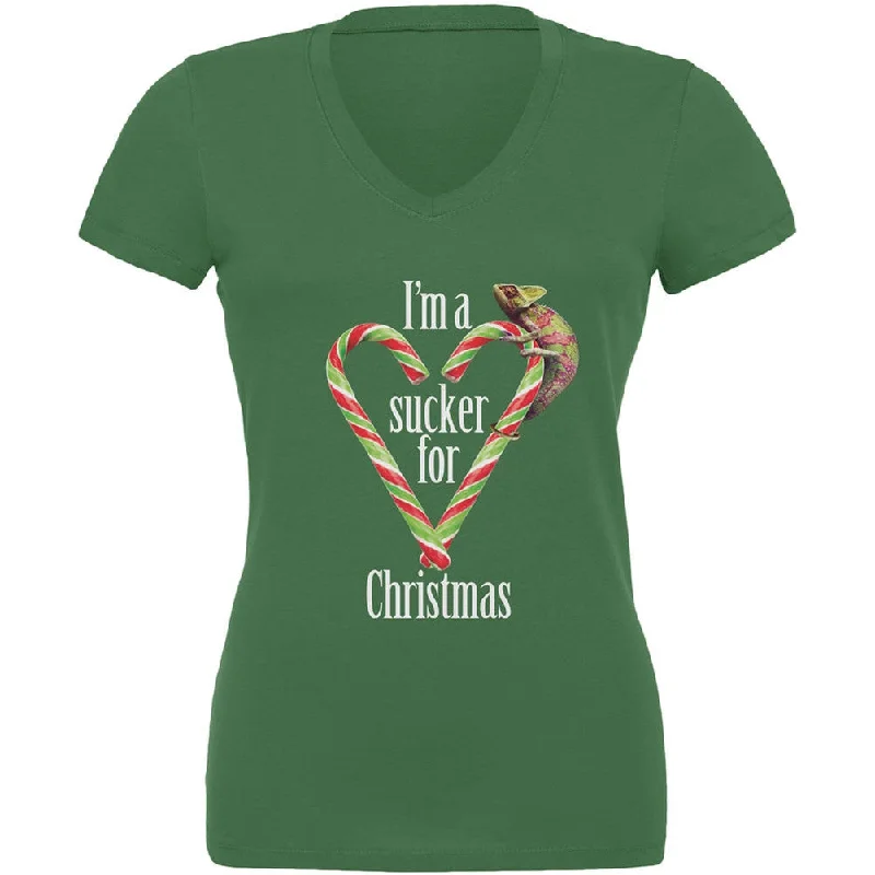 Sucker For Christmas Chameleon Leaf Juniors V-Neck T-ShirtVNeckTopAdventurer