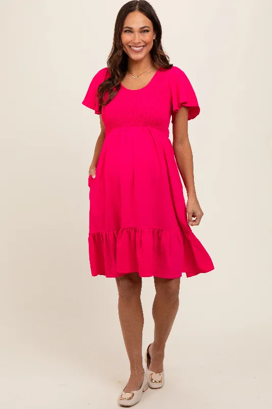 Fuchsia Smocked Ruffle Hem Maternity DressShirt Dress