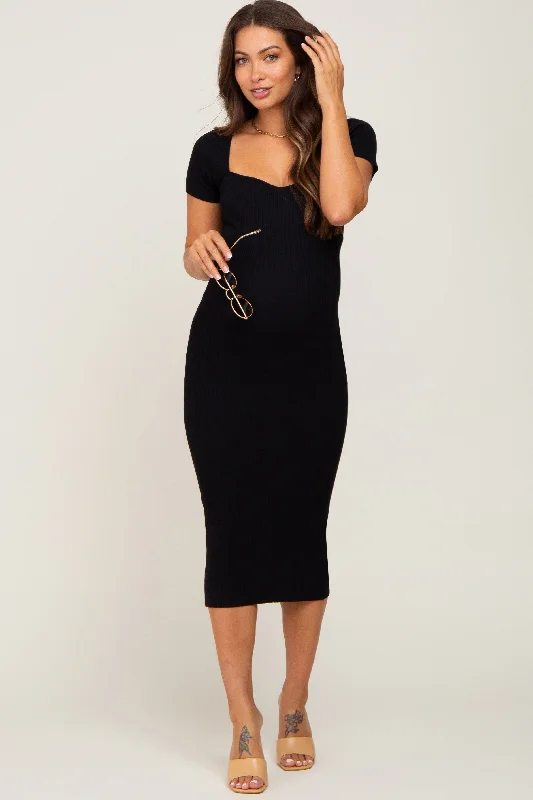 Black Ribbed Maternity Midi DressWaterproof Dress