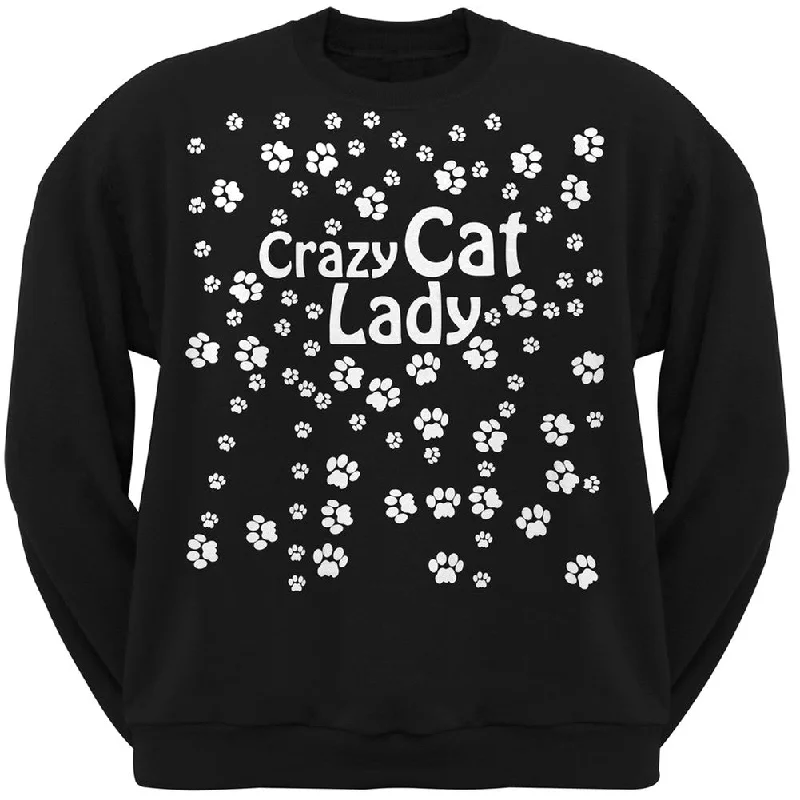 Crazy Cat Lady Paw Prints Black Adult Crew Neck SweatshirtCrewneckvibe